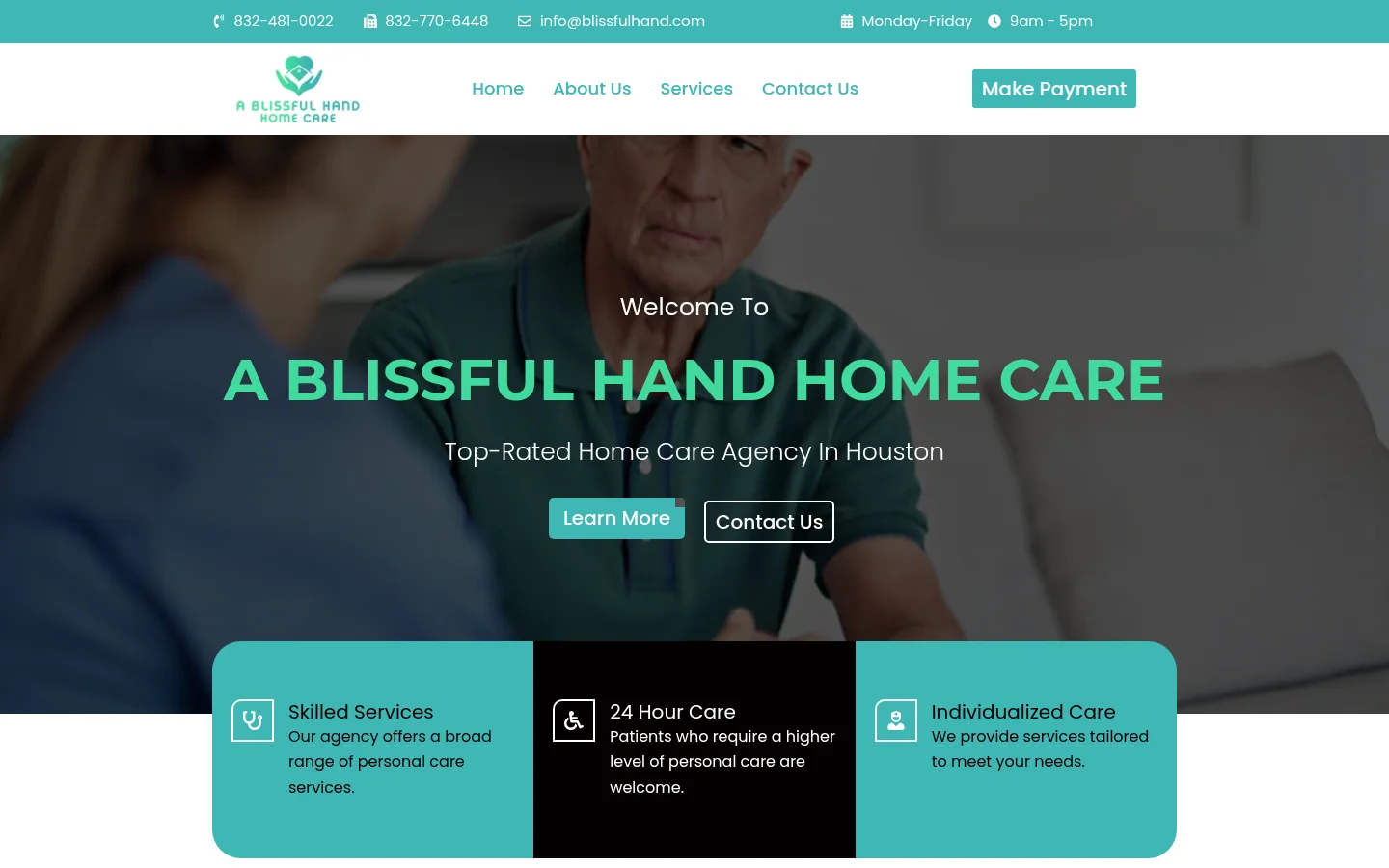 A homepage preview of the A Blissful Hand Home Care website.