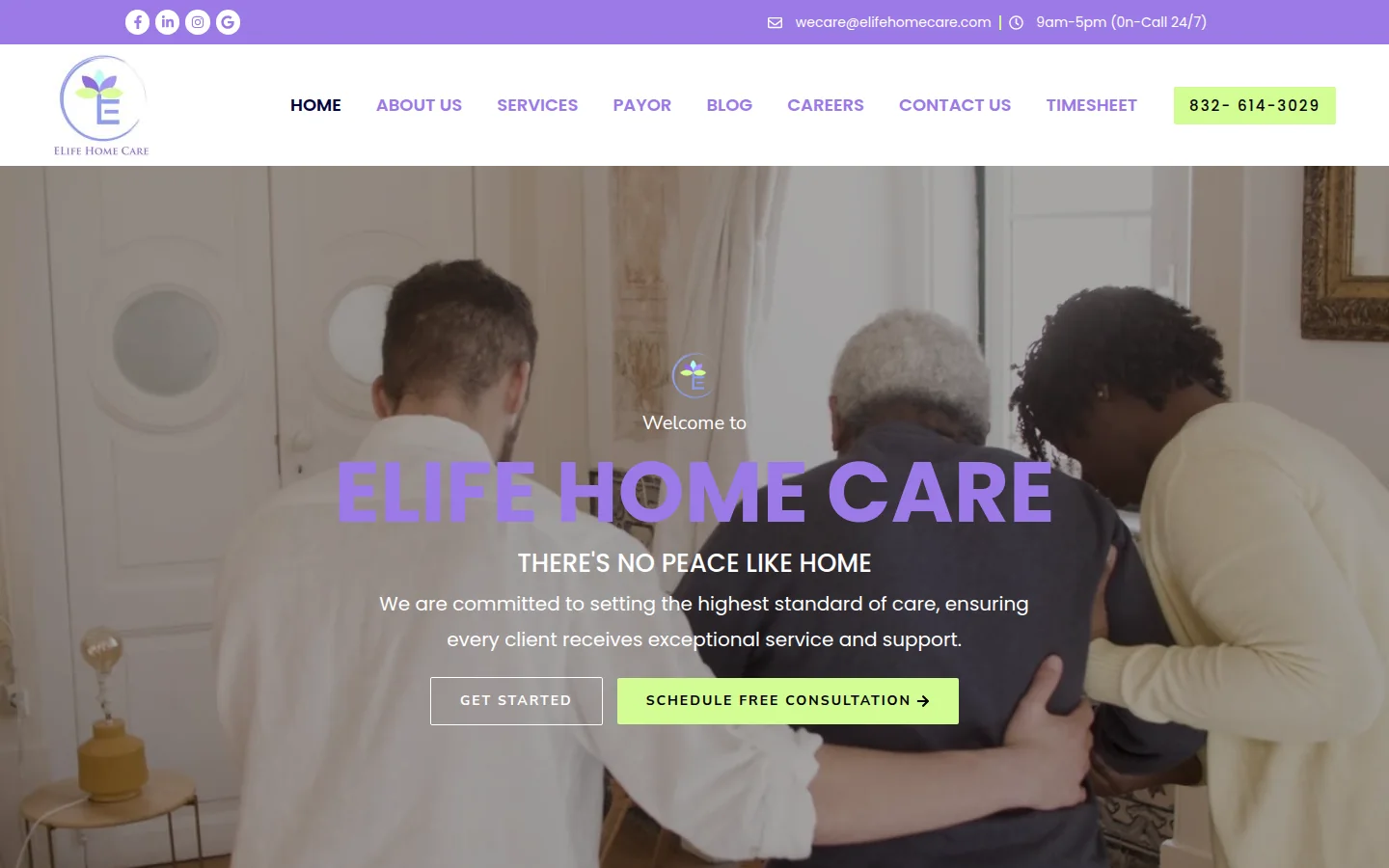 A homepage preview of the ELife Home Care website.