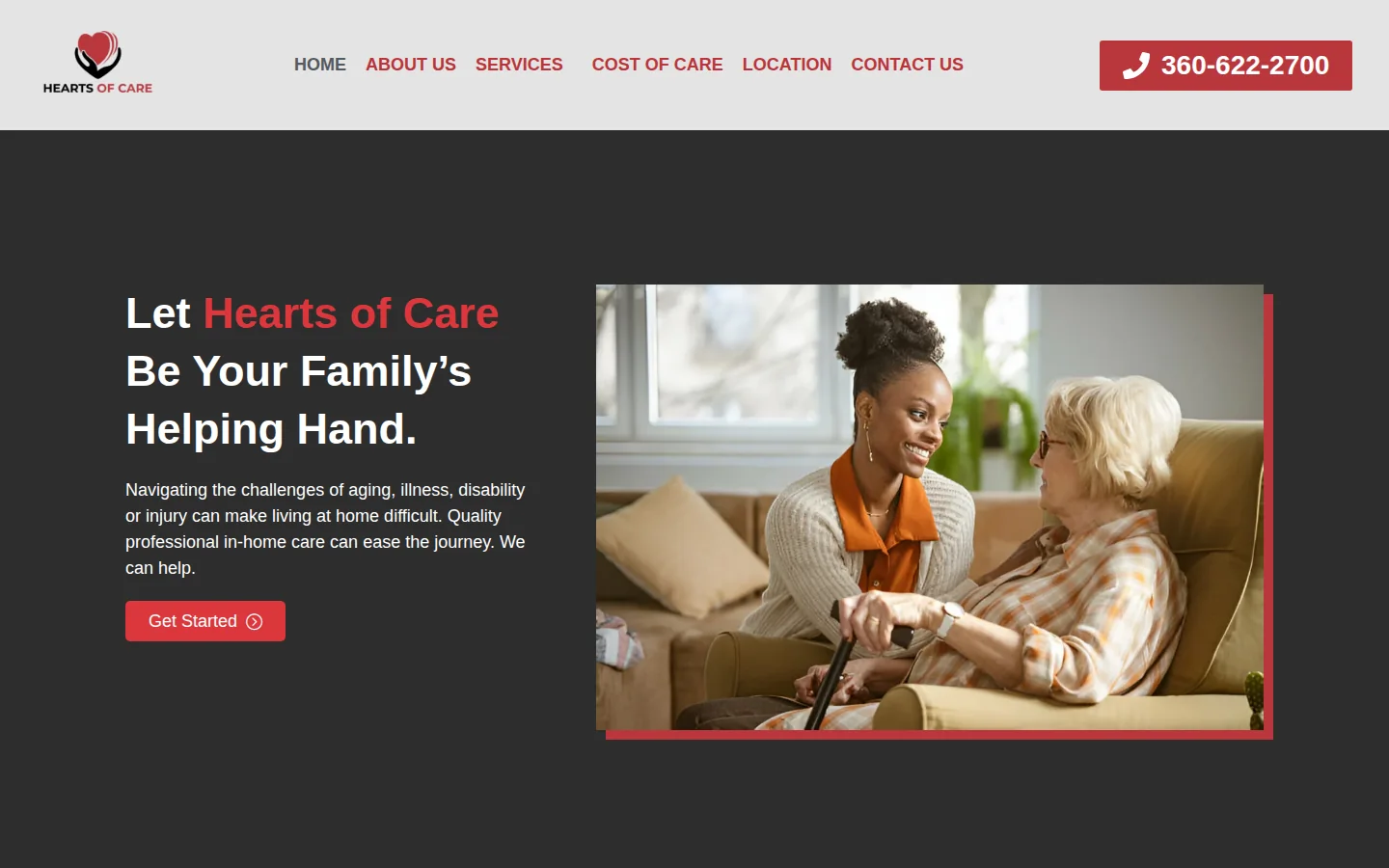 A homepage preview of the Hearts of Care website.